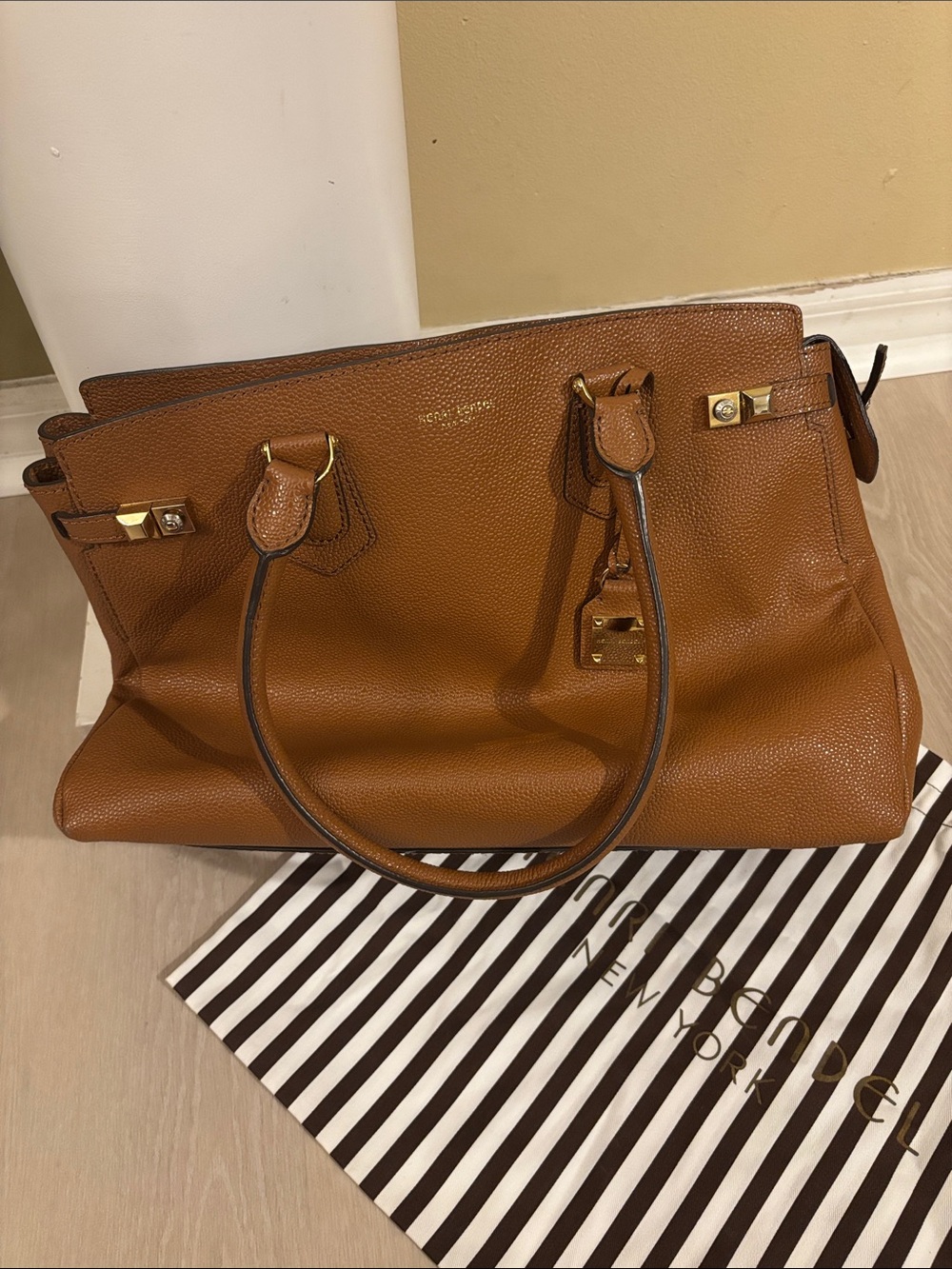 henri bendel Cognac Pebbled Leather Satchel with Gold Hardware